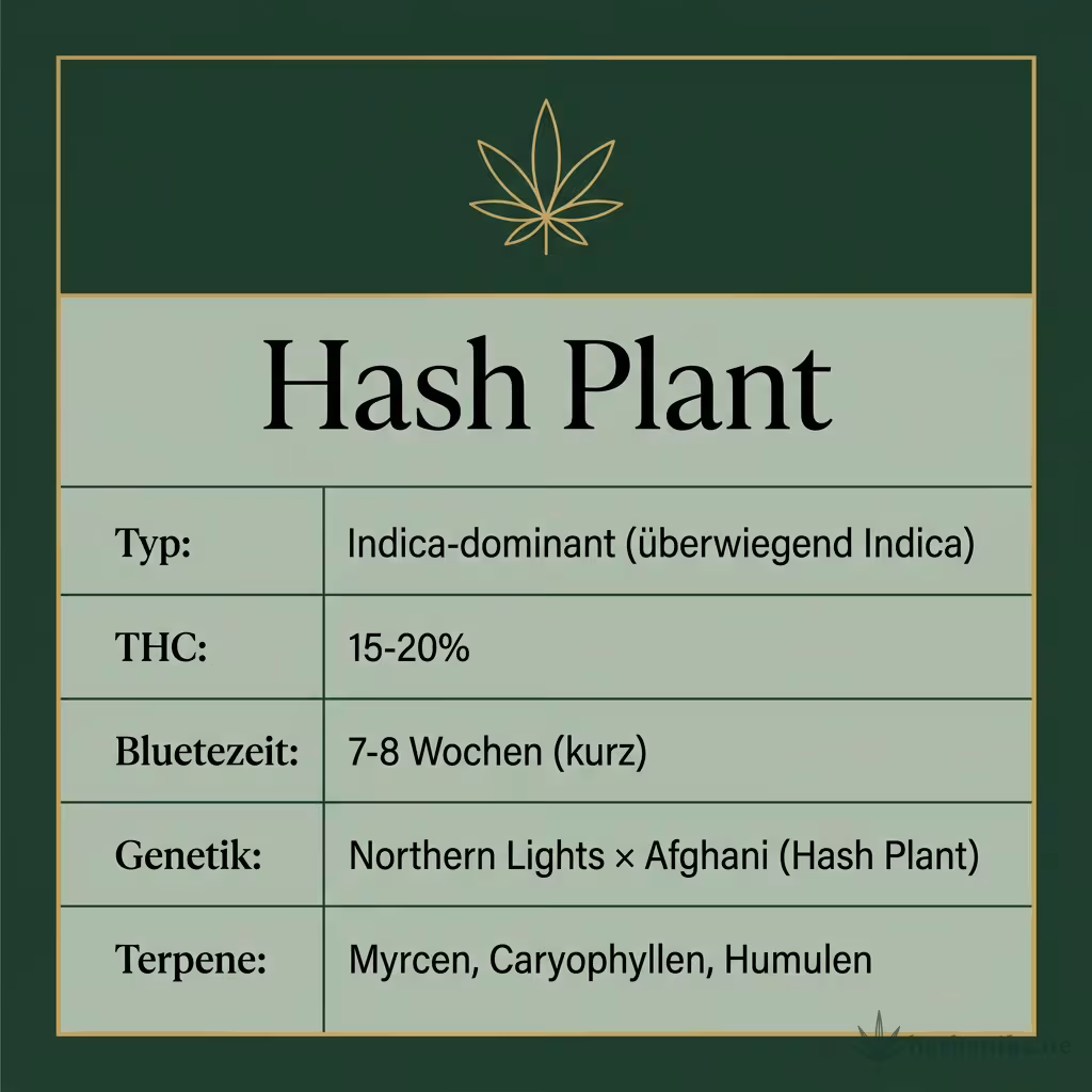 Infografik mit Hash-Plant Key Facts: Typ reine Indica, THC 15-20%, Bluetezeit 7-8 Wochen, Genetik Northern Lights x Afghani und Terpene Myrcen, Caryophyllen, Humulen