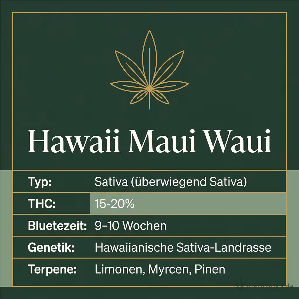 Infografik mit Hawaii Maui Waui Key Facts: Typ Sativa (überwiegend Sativa), THC 15-20%, Bluetezeit 9-10 Wochen, Genetik Hawaiianische Sativa-Landrasse und Terpene Limonen, Myrcen, Pinen