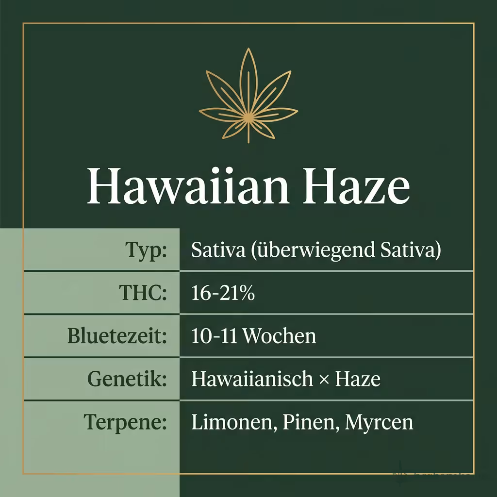 Infografik mit Hawaiian Haze Key Facts: Typ Sativa (überwiegend Sativa), THC 16-21%, Bluetezeit 10-11 Wochen, Genetik Hawaiianisch × Haze und Terpene Limonen, Pinen, Myrcen