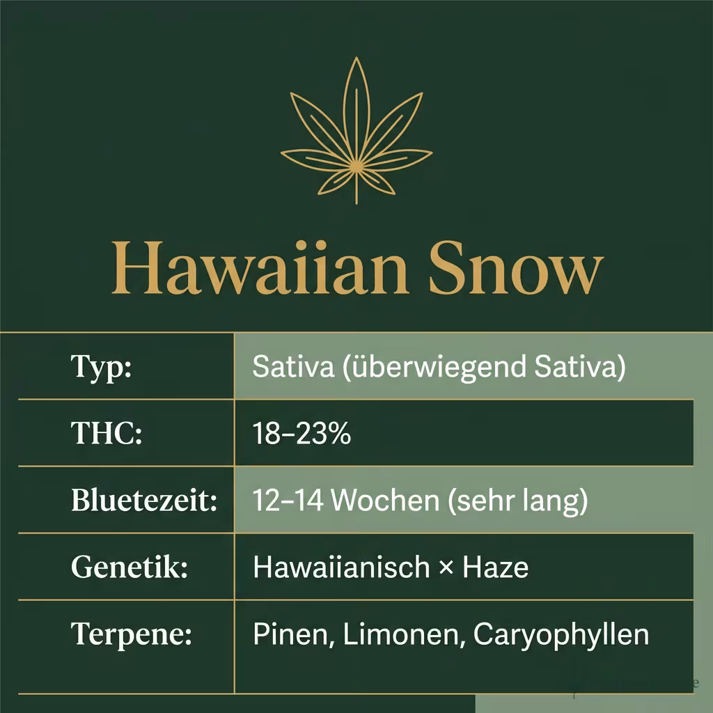 Infografik mit Hawaiian Snow Key Facts: Typ Sativa (überwiegend Sativa), THC 18-23%, Bluetezeit 12-14 Wochen (sehr lang), Genetik Hawaiianisch × Haze und Terpene Pinen, Limonen, Caryophyllen