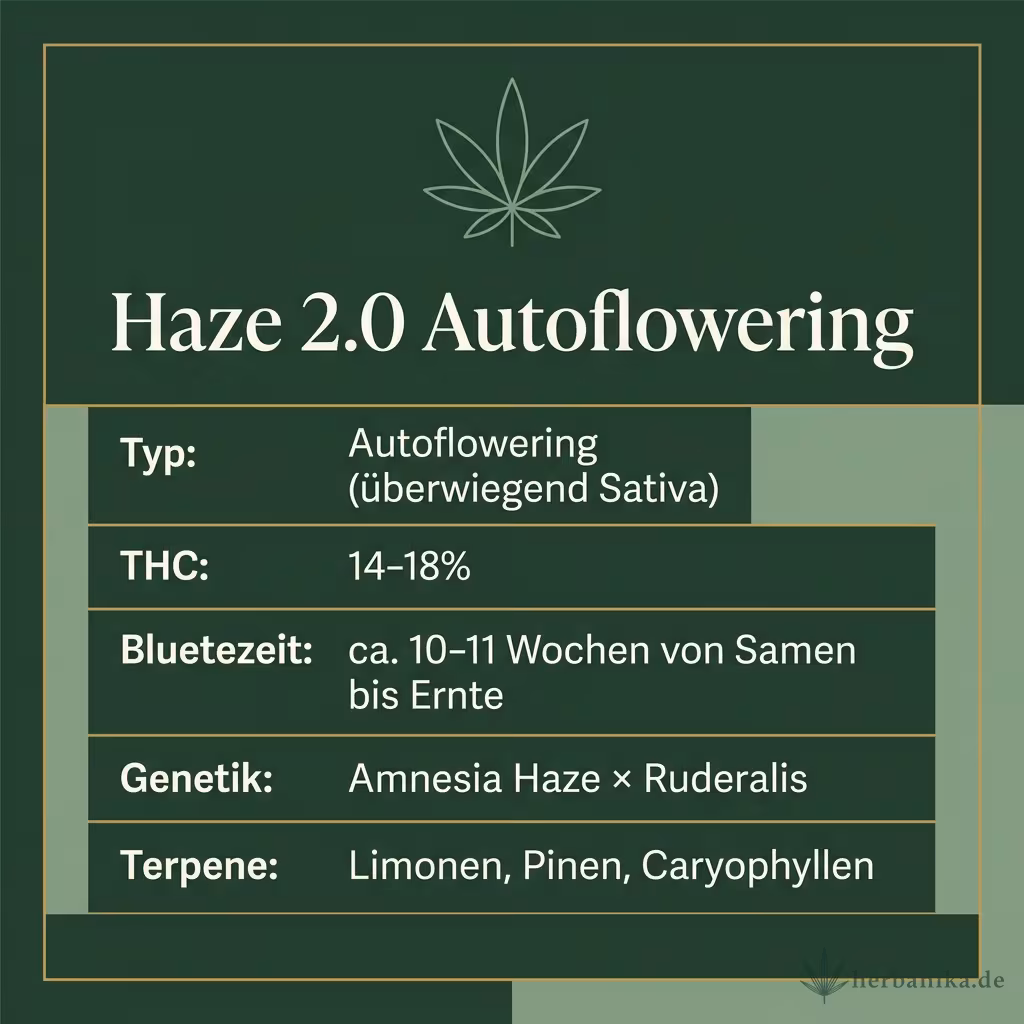 Infografik mit Haze 2.0 Autoflowering Key Facts: Typ Autoflowering (überwiegend Sativa), THC 14-18%, Bluetezeit ca. 10-11 Wochen von Samen bis Ernte, Genetik Amnesia Haze × Ruderalis und Terpene Limonen, Pinen, Caryophyllen