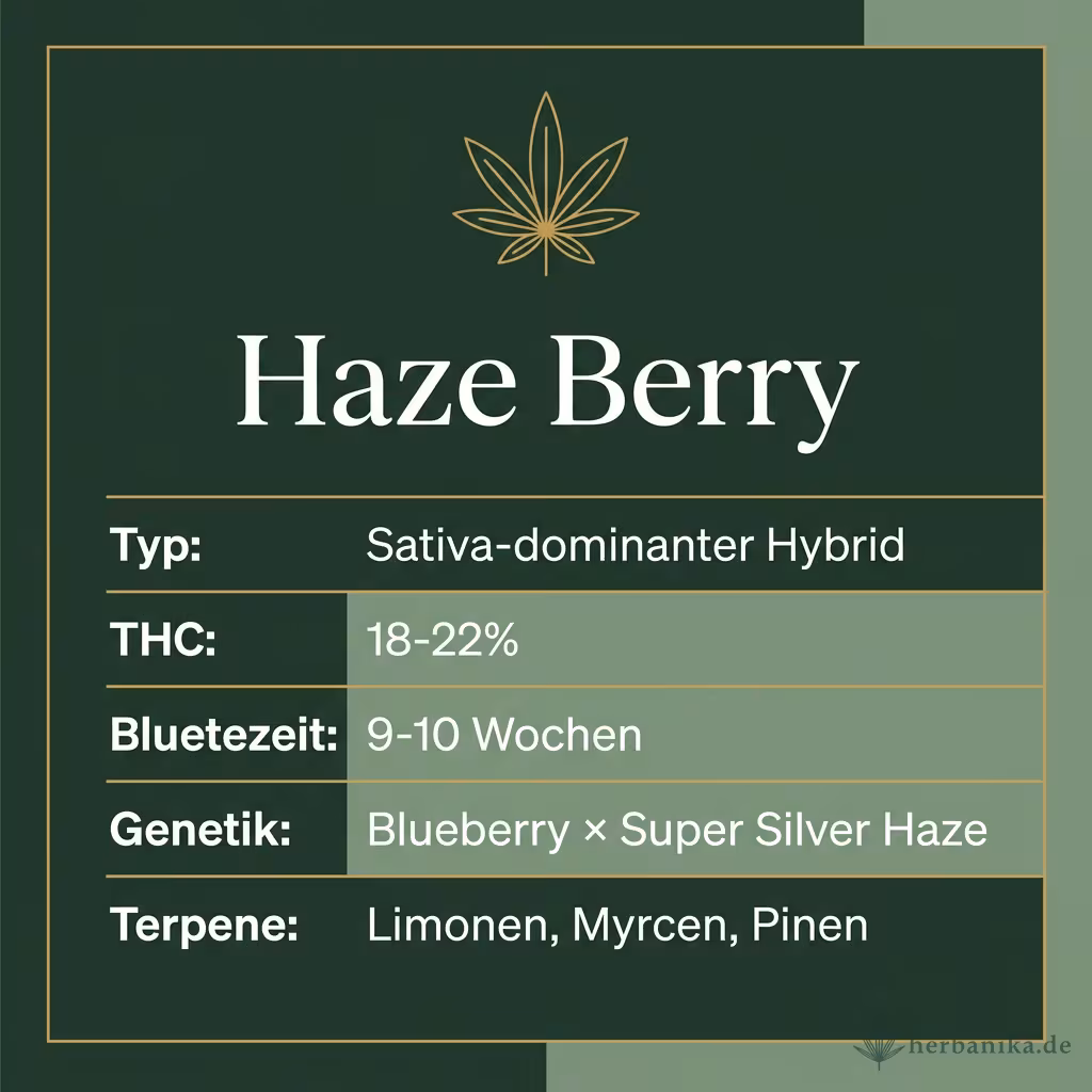Infografik mit Haze Berry Key Facts: Typ Sativa-dominanter Hybrid, THC 18-22%, Bluetezeit 9-10 Wochen, Genetik Blueberry × Super Silver Haze und Terpene Limonen, Myrcen, Pinen