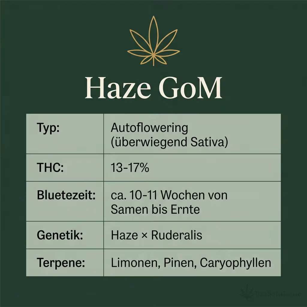 Infografik mit Haze GoM Key Facts: Typ Autoflowering (überwiegend Sativa), THC 13-17%, Bluetezeit ca. 10-11 Wochen von Samen bis Ernte, Genetik Haze × Ruderalis und Terpene Limonen, Pinen, Caryophyllen