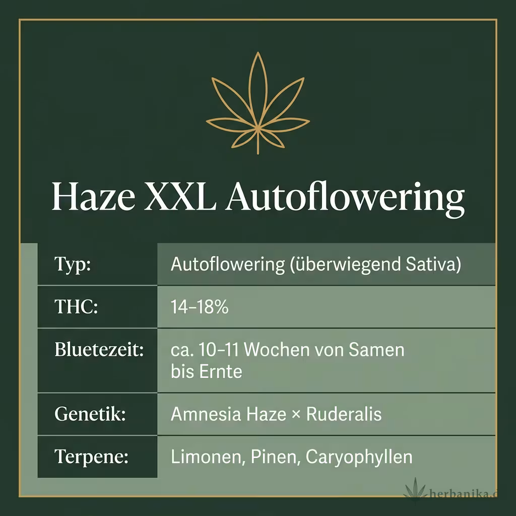 Infografik mit Haze XXL Autoflowering Key Facts: Typ Autoflowering (überwiegend Sativa), THC 14-18%, Bluetezeit ca. 10-11 Wochen von Samen bis Ernte, Genetik Amnesia Haze × Ruderalis und Terpene Limonen, Pinen, Caryophyllen