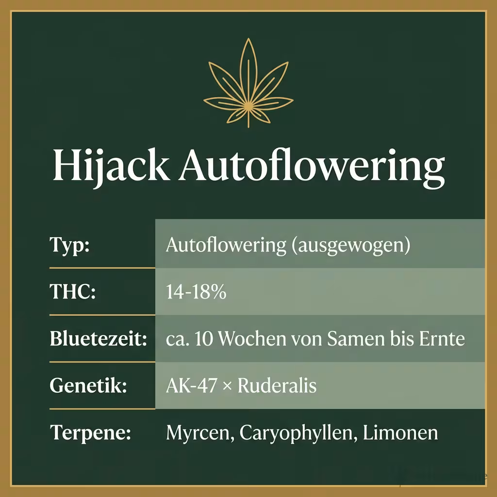 Infografik mit Hijack Autoflowering Key Facts: Typ Autoflowering (ausgewogen), THC 14-18%, Bluetezeit ca. 10 Wochen von Samen bis Ernte, Genetik AK-47 × Ruderalis und Terpene Myrcen, Caryophyllen, Limonen