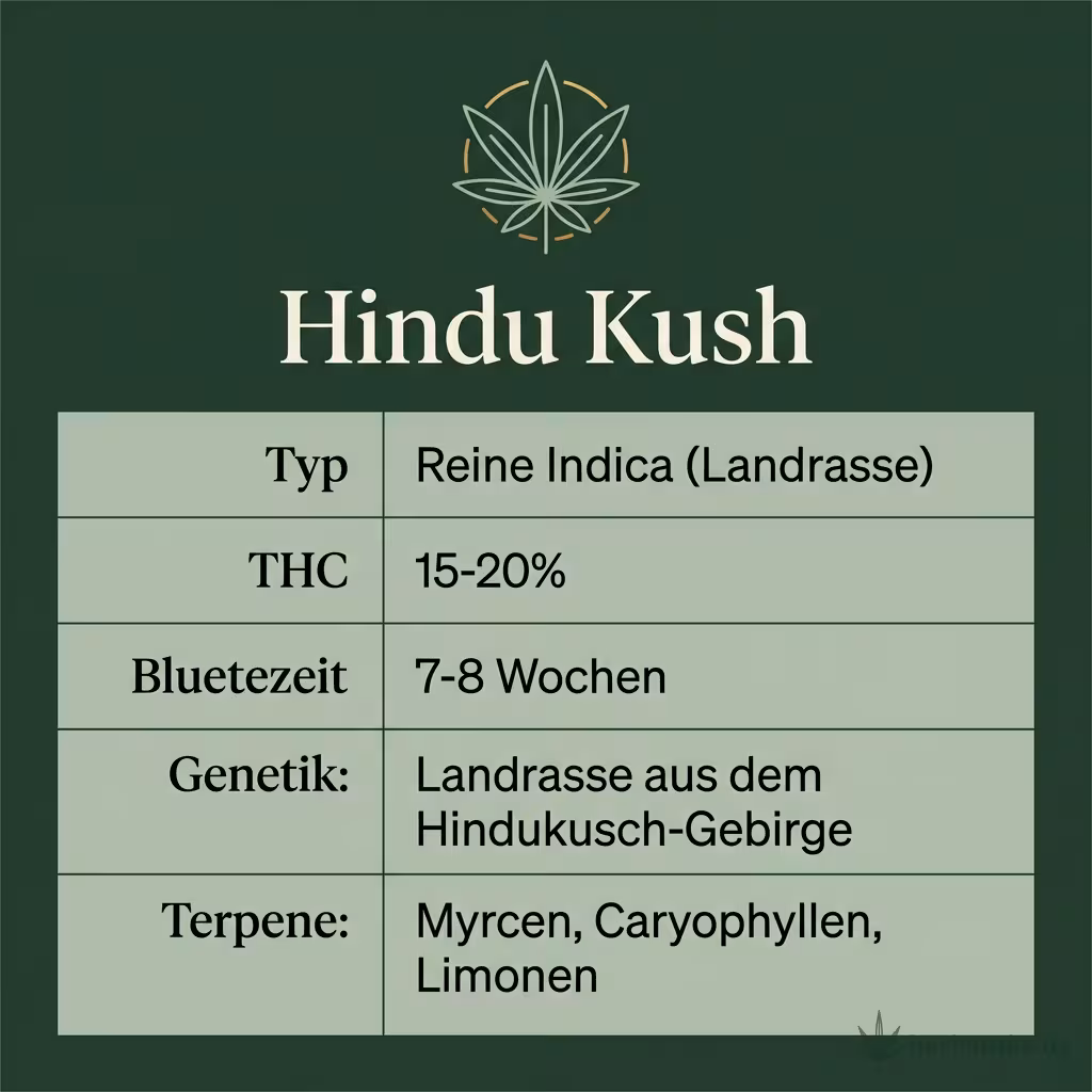 Infografik mit Hindu-Kush Key Facts: Typ reine Indica, THC 15-20%, Bluetezeit 7-8 Wochen, Genetik afghanisch-pakistanische Landrasse und Terpene Myrcen, Caryophyllen, Limonen