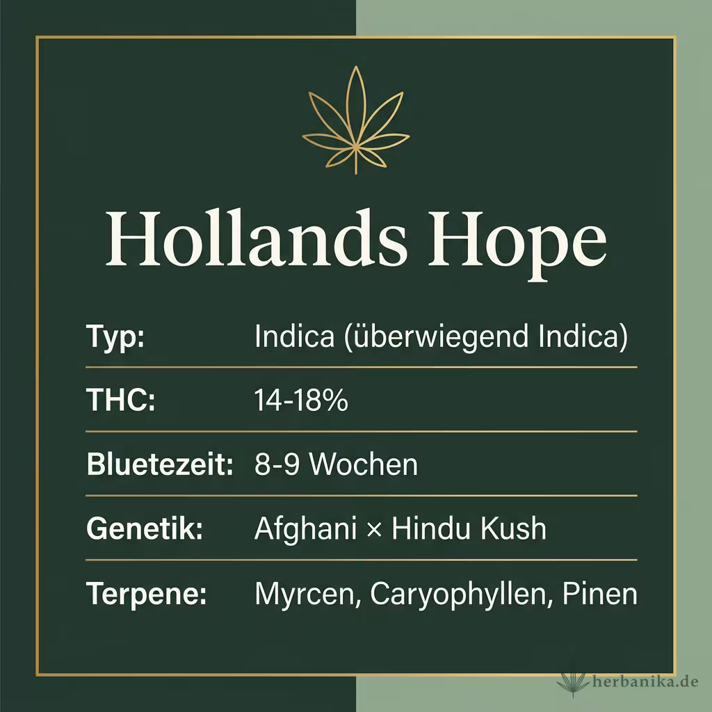 Infografik mit Hollands Hope Key Facts: Typ Indica (überwiegend Indica), THC 14-18%, Bluetezeit 8-9 Wochen, Genetik Afghani × Hindu Kush und Terpene Myrcen, Caryophyllen, Pinen