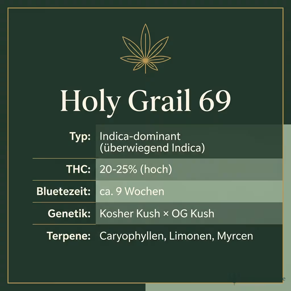 Infografik mit Holy Grail 69 Key Facts: Typ Indica-dominant (überwiegend Indica), THC 20-25% (hoch), Bluetezeit ca. 9 Wochen, Genetik Kosher Kush × OG Kush und Terpene Caryophyllen, Limonen, Myrcen