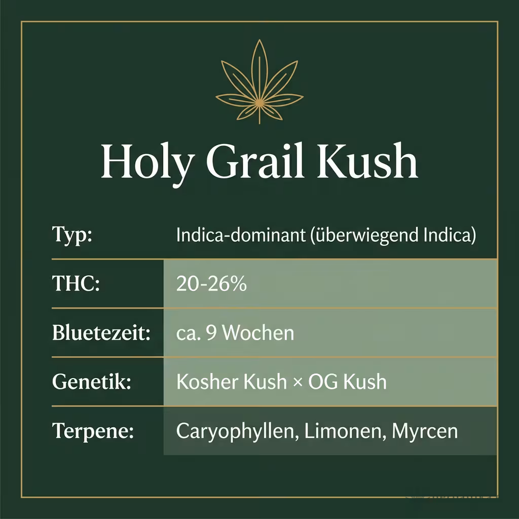Infografik mit Holy Grail Kush Key Facts: Typ Indica-dominant (überwiegend Indica), THC 20-26%, Bluetezeit ca. 9 Wochen, Genetik Kosher Kush × OG Kush und Terpene Caryophyllen, Limonen, Myrcen