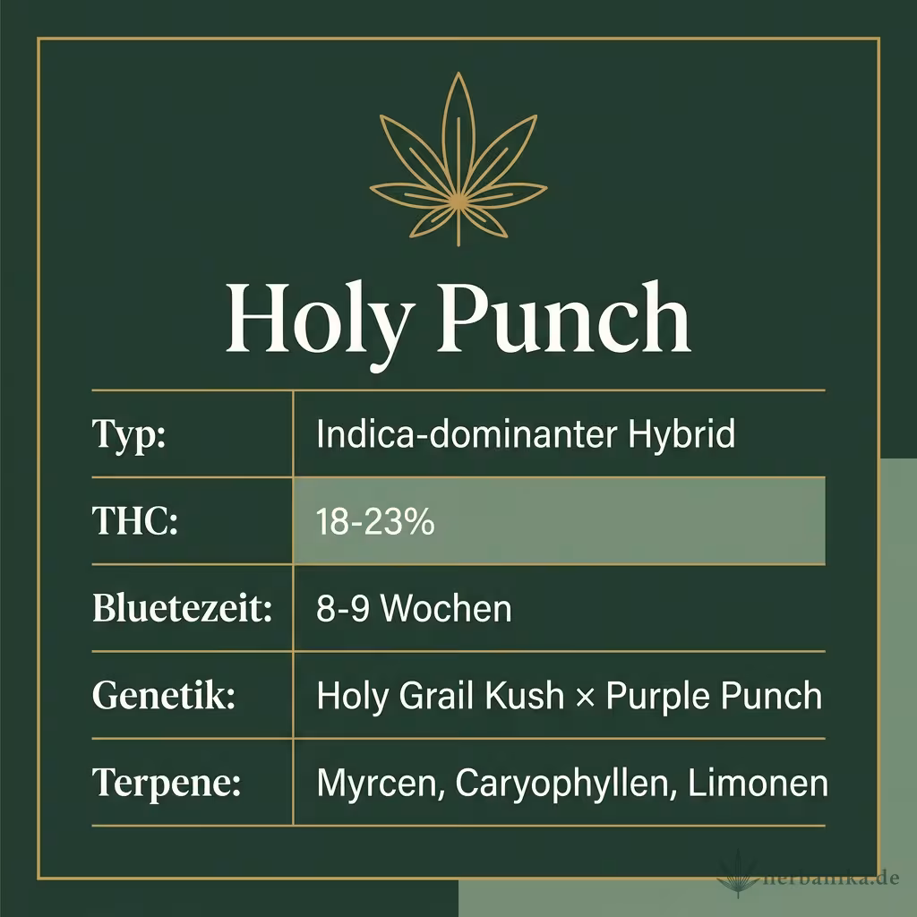 Infografik mit Holy Punch Key Facts: Typ Indica-dominanter Hybrid, THC 18-23%, Bluetezeit 8-9 Wochen, Genetik Holy Grail Kush × Purple Punch und Terpene Myrcen, Caryophyllen, Limonen