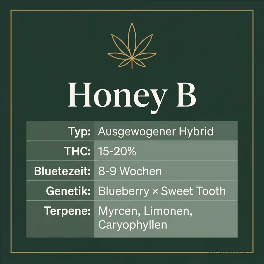Infografik mit Honey B Key Facts: Typ Ausgewogener Hybrid, THC 15-20%, Bluetezeit 8-9 Wochen, Genetik Blueberry × Sweet Tooth und Terpene Myrcen, Limonen, Caryophyllen