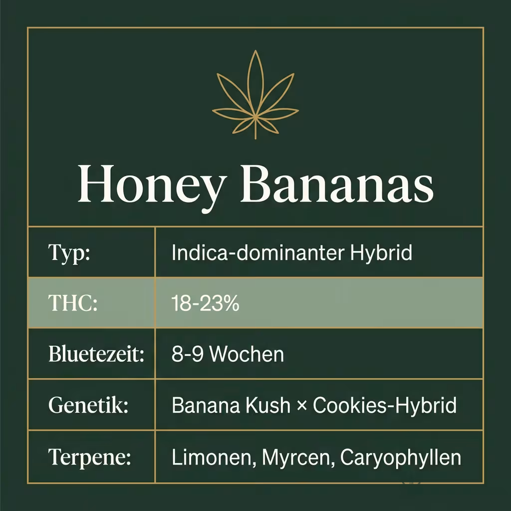 Infografik mit Honey Bananas Key Facts: Typ Indica-dominanter Hybrid, THC 18-23%, Bluetezeit 8-9 Wochen, Genetik Banana Kush × Cookies-Hybrid und Terpene Limonen, Myrcen, Caryophyllen
