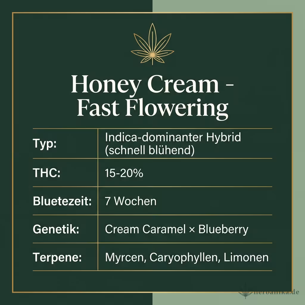 Infografik mit Honey Cream - Fast Flowering Key Facts: Typ Indica-dominanter Hybrid (schnell blühend), THC 15-20%, Bluetezeit 7 Wochen, Genetik Cream Caramel × Blueberry und Terpene Myrcen, Caryophyllen, Limonen