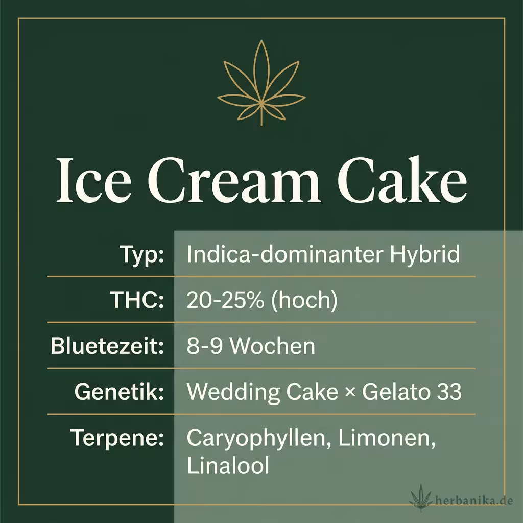 Infografik mit Ice-Cream-Cake Key Facts: Typ Indica-dominant, THC 20-25%, Bluetezeit 8-9 Wochen, Genetik Wedding Cake x Gelato und Terpene Caryophyllen, Limonen, Linalool