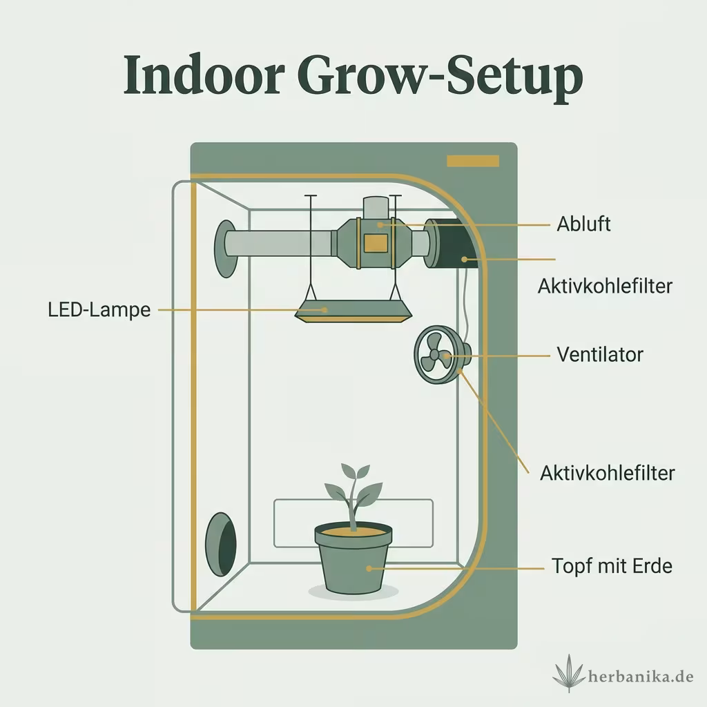 Infografik eines Growzelt-Aufbaus mit beschrifteten Komponenten: LED-Lampe, Abluft, Ventilator, Aktivkohlefilter und Topf mit Erde