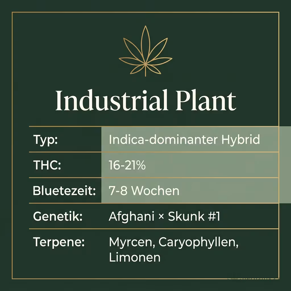 Infografik mit Industrial Plant Key Facts: Typ Indica-dominanter Hybrid, THC 16-21%, Bluetezeit 7-8 Wochen, Genetik Afghani × Skunk #1 und Terpene Myrcen, Caryophyllen, Limonen