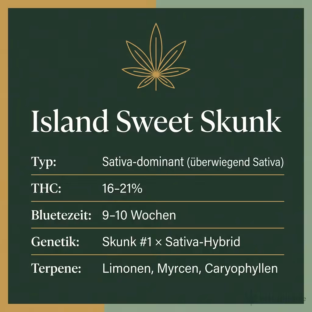 Infografik mit Island Sweet Skunk Key Facts: Typ Sativa-dominant (überwiegend Sativa), THC 16-21%, Bluetezeit 9-10 Wochen, Genetik Skunk #1 × Sativa-Hybrid und Terpene Limonen, Myrcen, Caryophyllen
