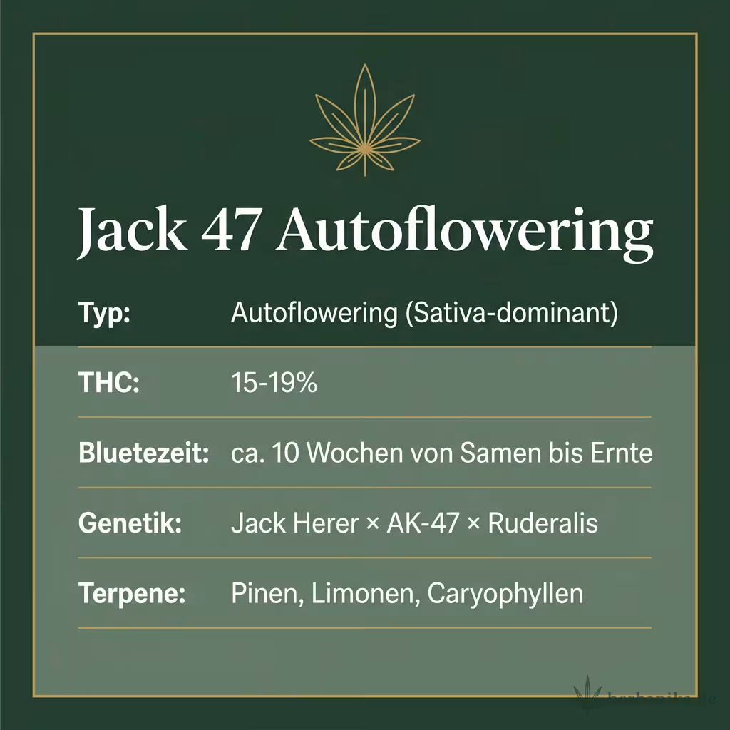 Infografik mit Jack 47 Autoflowering Key Facts: Typ Autoflowering (Sativa-dominant), THC 15-19%, Bluetezeit ca. 10 Wochen von Samen bis Ernte, Genetik Jack Herer × AK-47 × Ruderalis und Terpene Pinen, Limonen, Caryophyllen