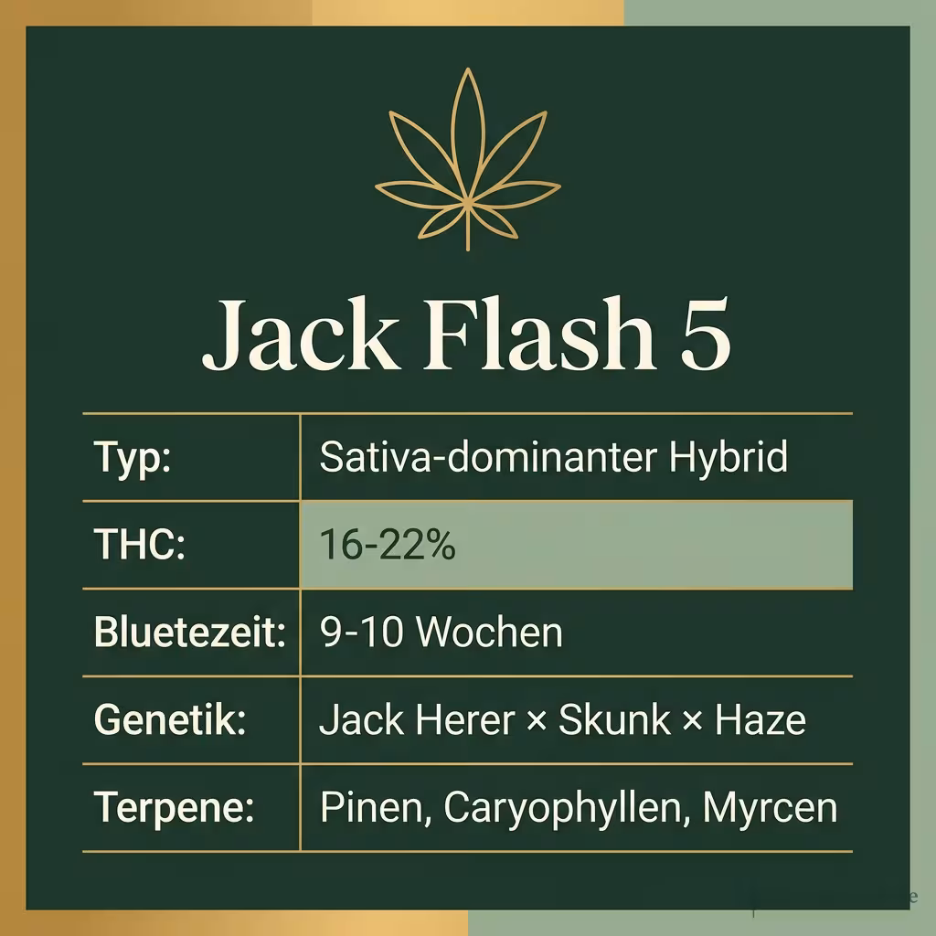 Infografik mit Jack Flash 5 Key Facts: Typ Sativa-dominanter Hybrid, THC 16-22%, Bluetezeit 9-10 Wochen, Genetik Jack Herer × Skunk × Haze und Terpene Pinen, Caryophyllen, Myrcen