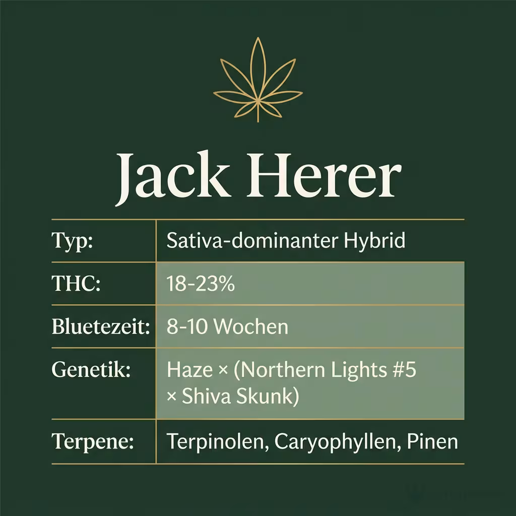 Infografik mit Jack-Herer Key Facts: Typ Sativa-dominant, THC 18-23%, Bluetezeit 8-10 Wochen, Genetik Haze x Northern Lights x Shiva Skunk und Terpene Terpinolen, Caryophyllen, Pinen