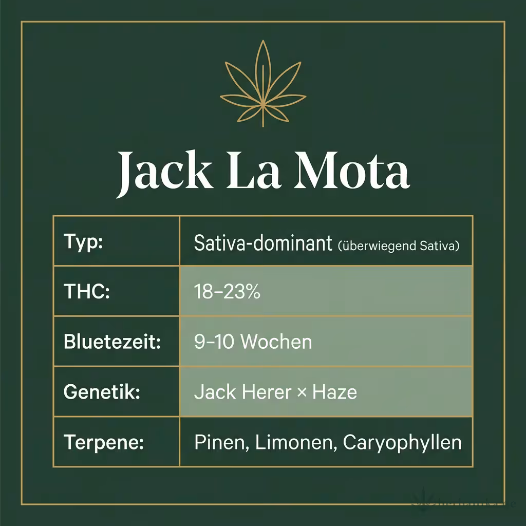 Infografik mit Jack La Mota Key Facts: Typ Sativa-dominant (überwiegend Sativa), THC 18-23%, Bluetezeit 9-10 Wochen, Genetik Jack Herer × Haze und Terpene Pinen, Limonen, Caryophyllen