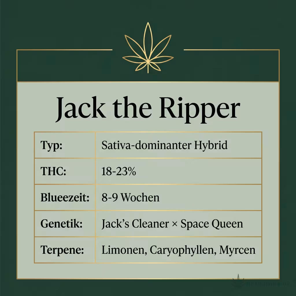 Infografik mit Jack the Ripper Key Facts: Typ Sativa-dominanter Hybrid, THC 18-23%, Bluetezeit 8-9 Wochen, Genetik Jack's Cleaner × Space Queen und Terpene Limonen, Caryophyllen, Myrcen