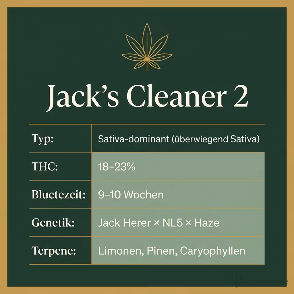Infografik mit Jack's Cleaner 2 Key Facts: Typ Sativa-dominant (überwiegend Sativa), THC 18-23%, Bluetezeit 9-10 Wochen, Genetik Jack Herer × NL5 × Haze und Terpene Limonen, Pinen, Caryophyllen