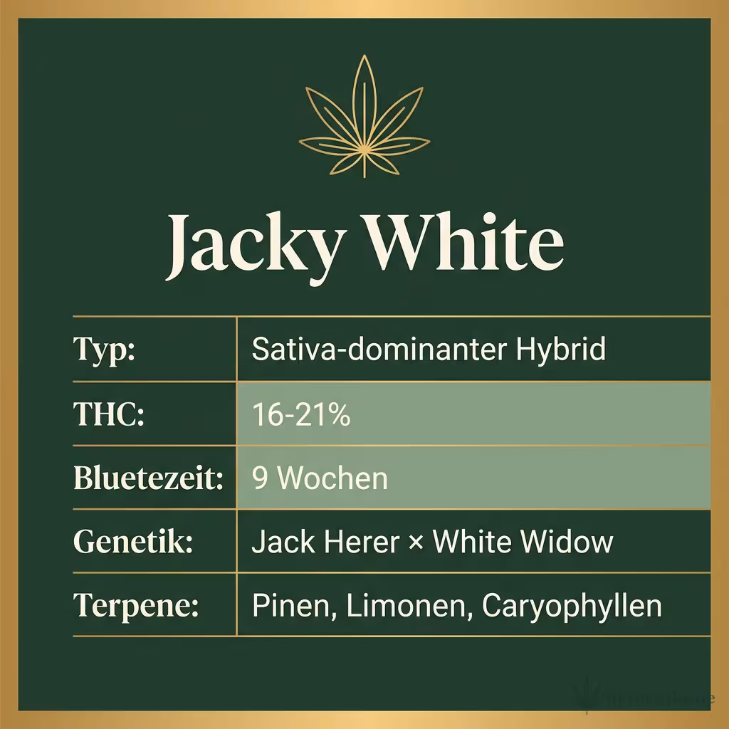 Infografik mit Jacky White Key Facts: Typ Sativa-dominanter Hybrid, THC 16-21%, Bluetezeit 9 Wochen, Genetik Jack Herer × White Widow und Terpene Pinen, Limonen, Caryophyllen