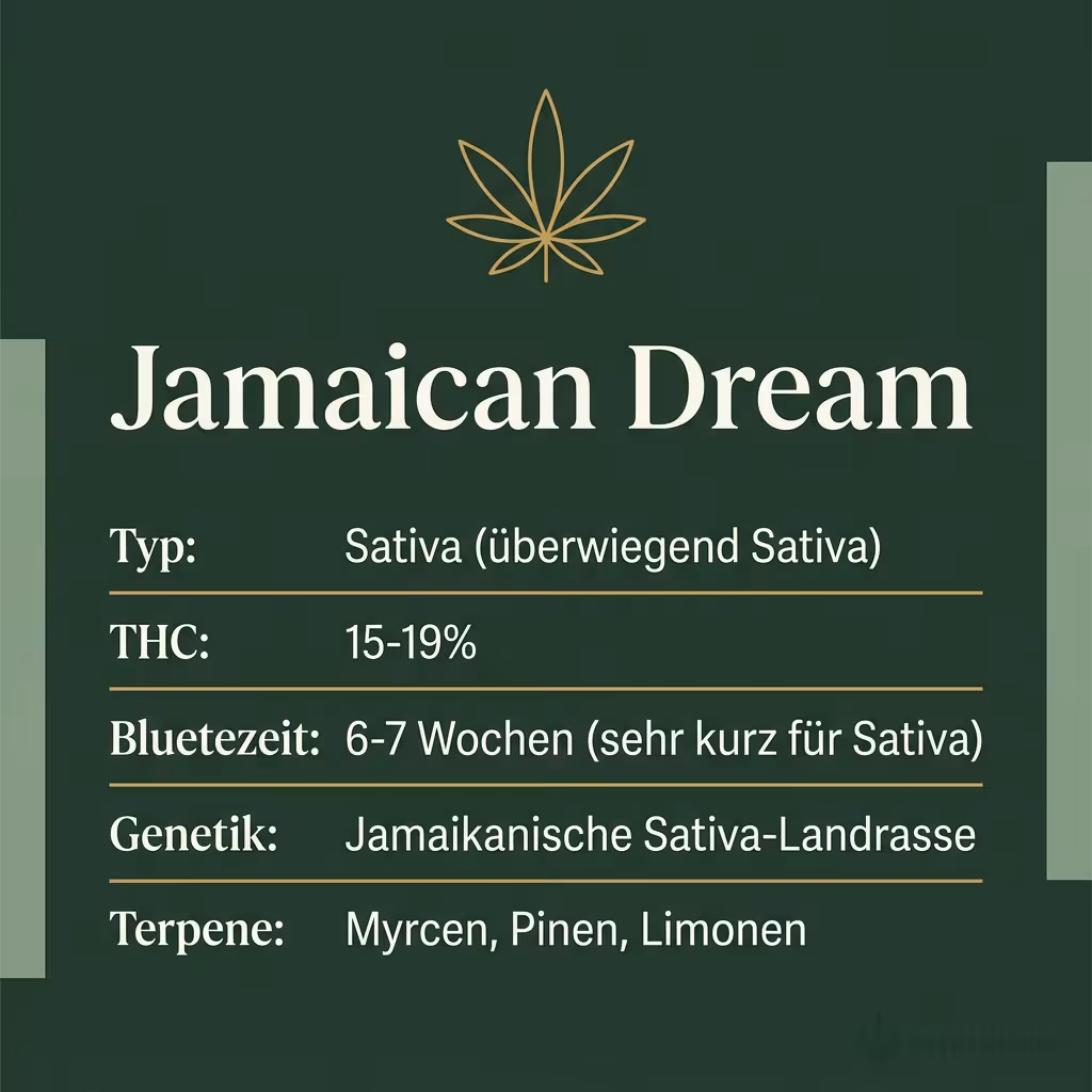 Infografik mit Jamaican Dream Key Facts: Typ Sativa (überwiegend Sativa), THC 15-19%, Bluetezeit 6-7 Wochen (sehr kurz für Sativa), Genetik Jamaikanische Sativa-Landrasse und Terpene Myrcen, Pinen, Limonen