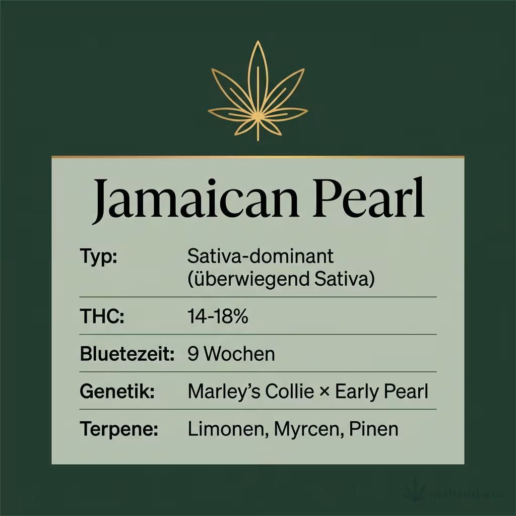 Infografik mit Jamaican Pearl Key Facts: Typ Sativa-dominant (überwiegend Sativa), THC 14-18%, Bluetezeit 9 Wochen, Genetik Marley's Collie × Early Pearl und Terpene Limonen, Myrcen, Pinen
