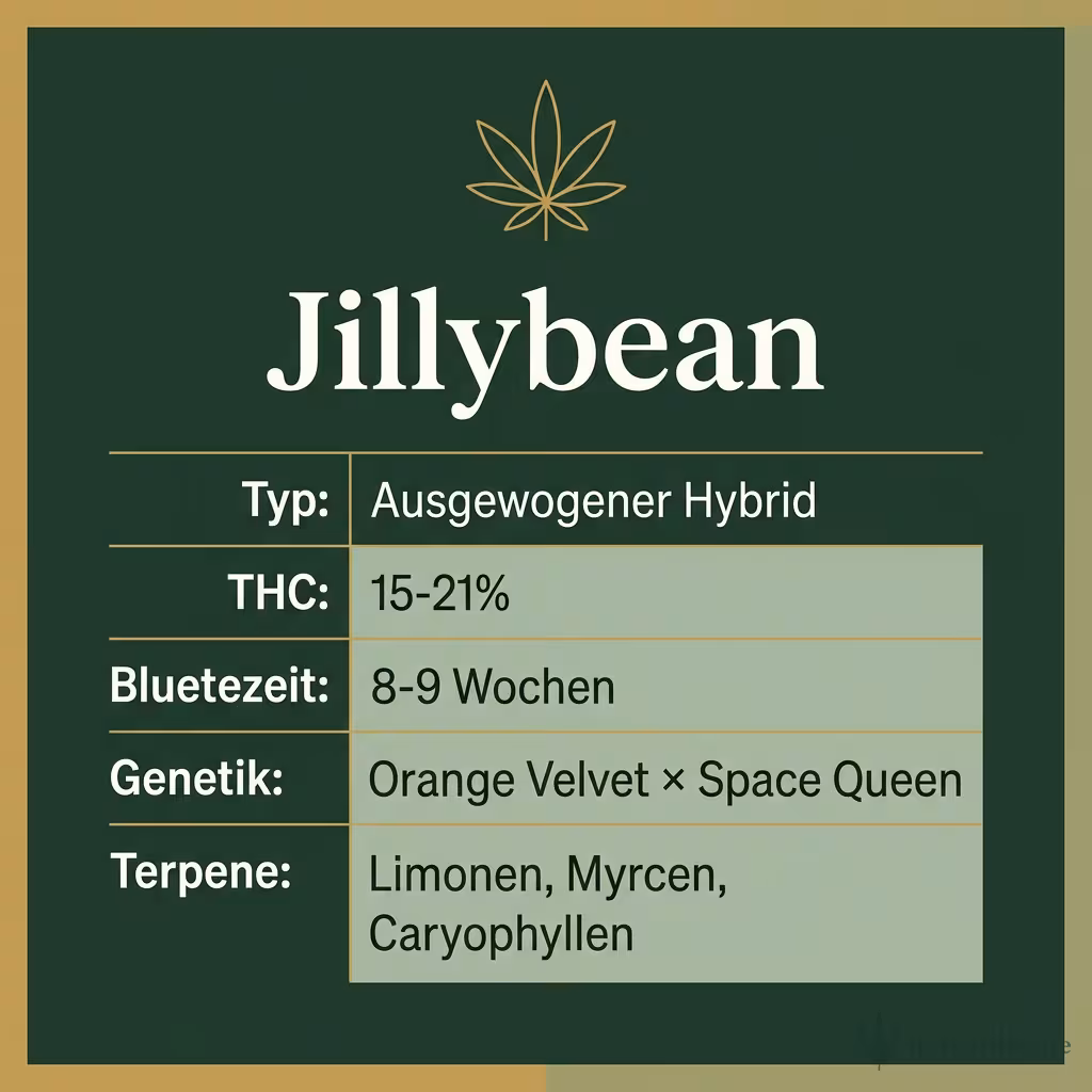 Infografik mit Jillybean Key Facts: Typ Ausgewogener Hybrid, THC 15-21%, Bluetezeit 8-9 Wochen, Genetik Orange Velvet × Space Queen und Terpene Limonen, Myrcen, Caryophyllen