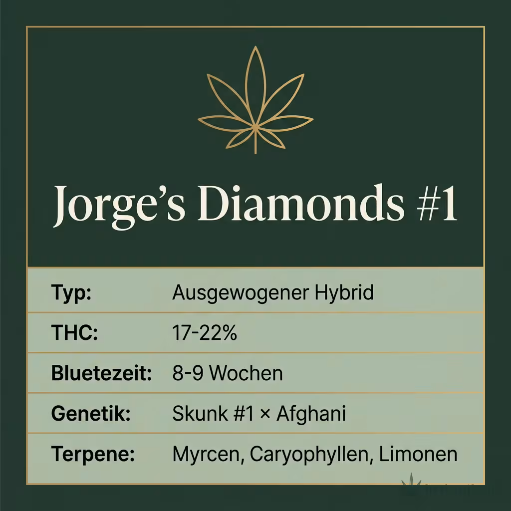 Infografik mit Jorge's Diamonds #1 Key Facts: Typ Ausgewogener Hybrid, THC 17-22%, Bluetezeit 8-9 Wochen, Genetik Skunk #1 × Afghani und Terpene Myrcen, Caryophyllen, Limonen