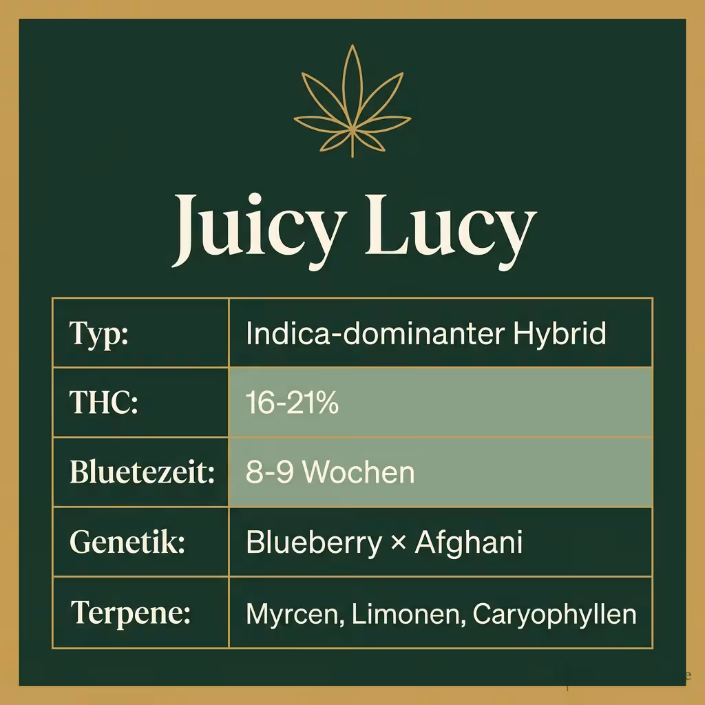 Infografik mit Juicy Lucy Key Facts: Typ Indica-dominanter Hybrid, THC 16-21%, Bluetezeit 8-9 Wochen, Genetik Blueberry × Afghani und Terpene Myrcen, Limonen, Caryophyllen