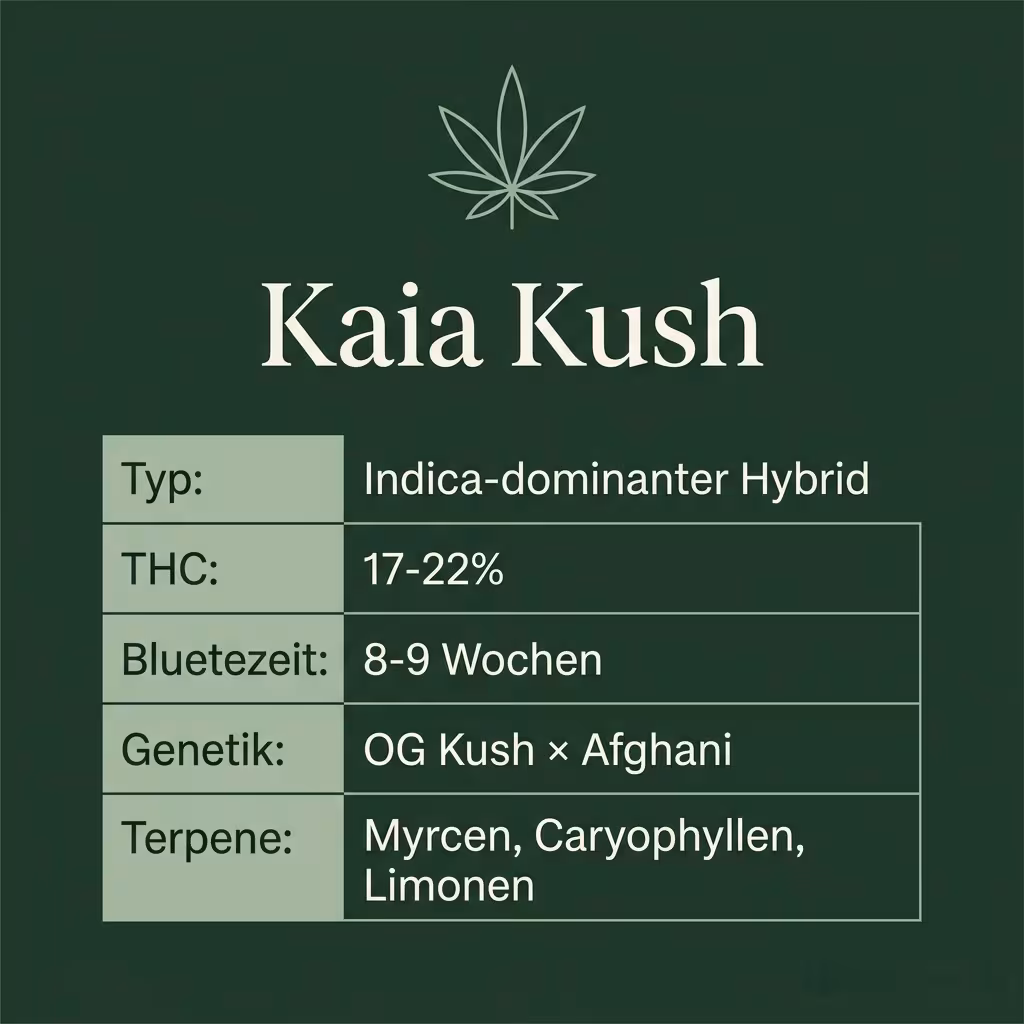 Infografik mit Kaia Kush Key Facts: Typ Indica-dominanter Hybrid, THC 17-22%, Bluetezeit 8-9 Wochen, Genetik OG Kush × Afghani und Terpene Myrcen, Caryophyllen, Limonen