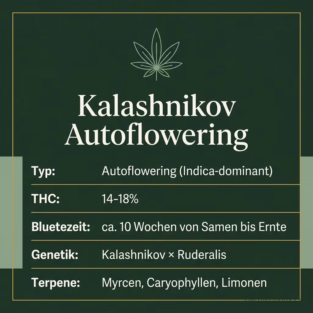 Infografik mit Kalashnikov Autoflowering Key Facts: Typ Autoflowering (Indica-dominant), THC 14-18%, Bluetezeit ca. 10 Wochen von Samen bis Ernte, Genetik Kalashnikov × Ruderalis und Terpene Myrcen, Caryophyllen, Limonen
