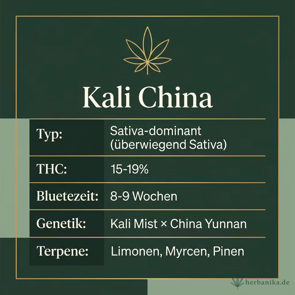 Infografik mit Kali China Key Facts: Typ Sativa-dominant (überwiegend Sativa), THC 15-19%, Bluetezeit 8-9 Wochen, Genetik Kali Mist × China Yunnan und Terpene Limonen, Myrcen, Pinen
