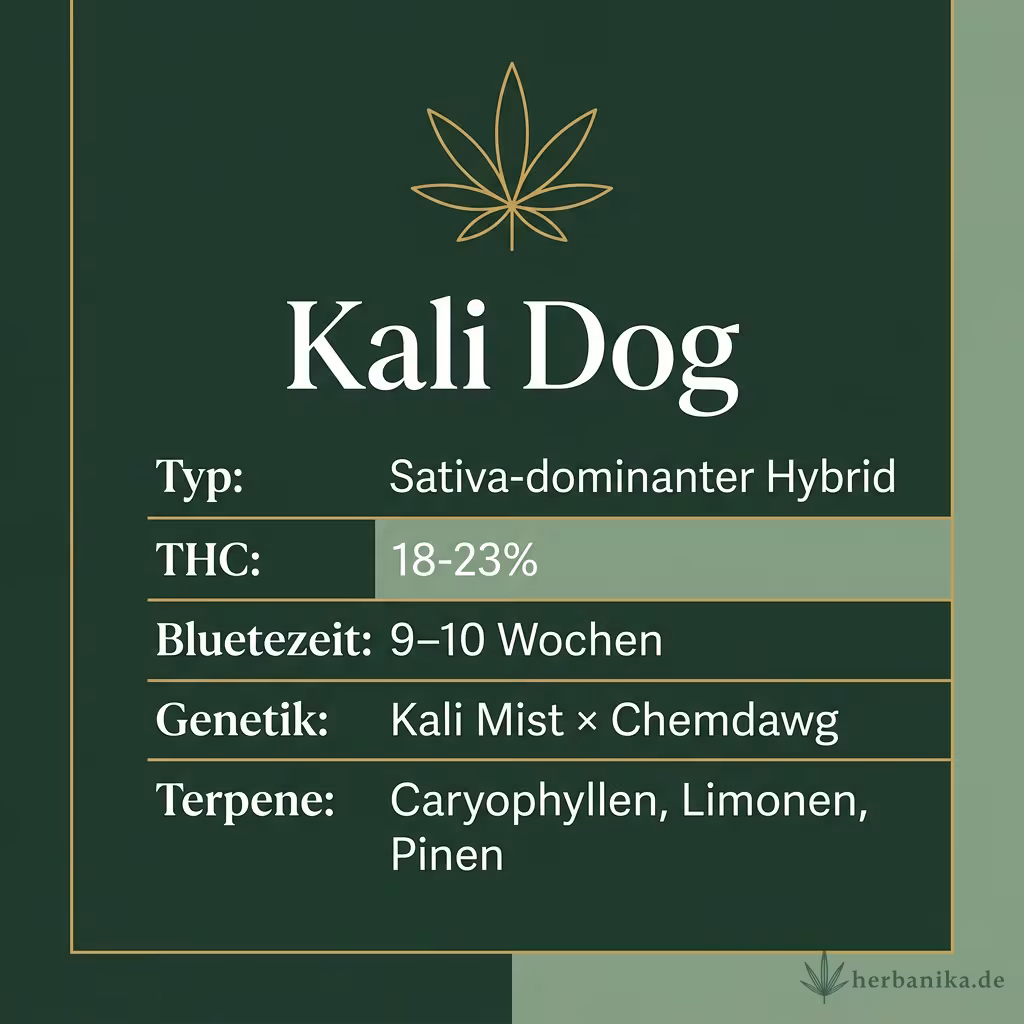 Infografik mit Kali Dog Key Facts: Typ Sativa-dominanter Hybrid, THC 18-23%, Bluetezeit 9-10 Wochen, Genetik Kali Mist × Chemdawg und Terpene Caryophyllen, Limonen, Pinen