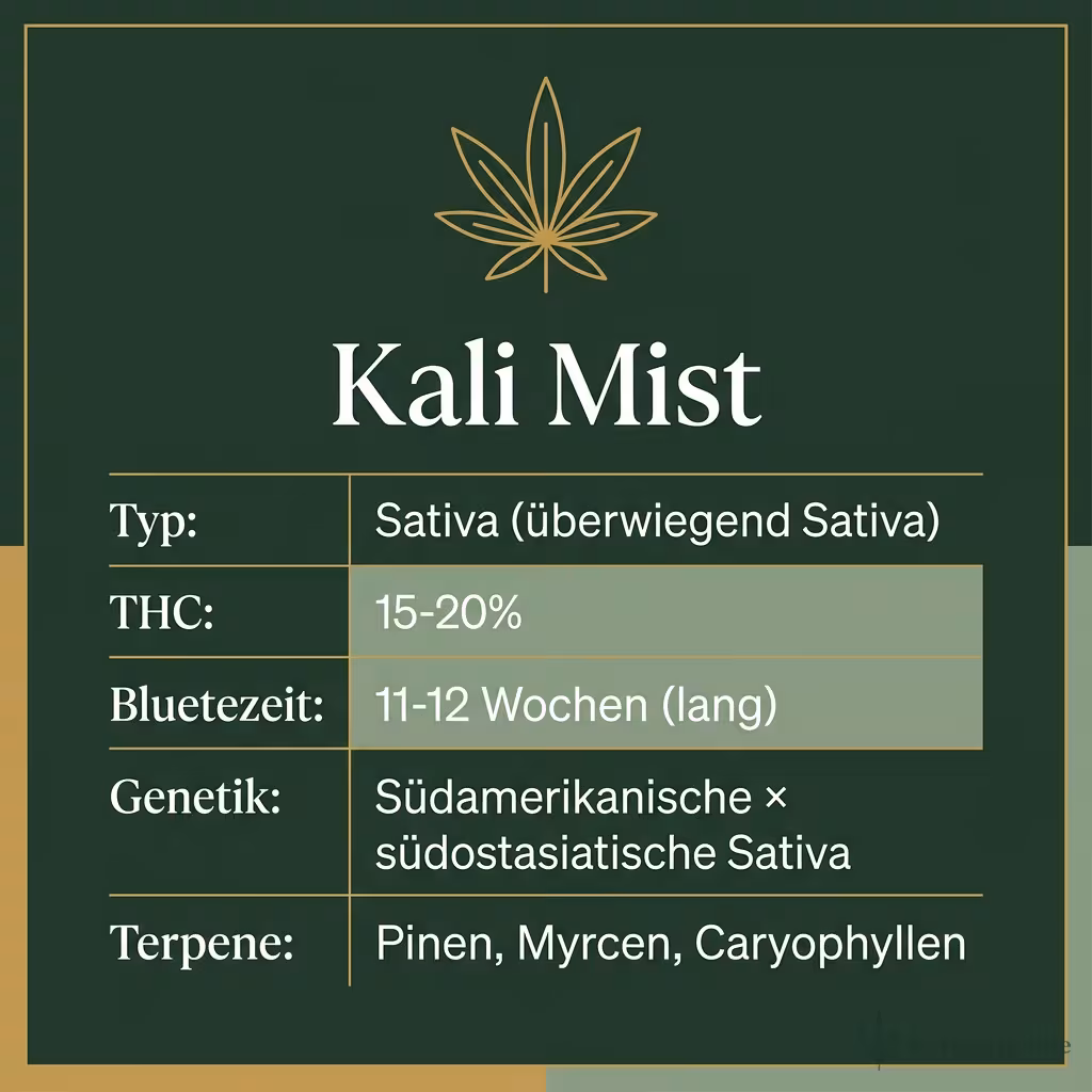 Infografik mit Kali Mist Key Facts: Typ Sativa (überwiegend Sativa), THC 15-20%, Bluetezeit 11-12 Wochen (lang), Genetik Südamerikanische × südostasiatische Sativa und Terpene Pinen, Myrcen, Caryophyllen