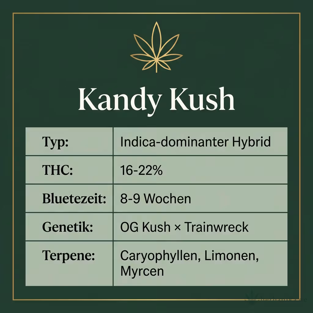Infografik mit Kandy Kush Key Facts: Typ Indica-dominanter Hybrid, THC 16-22%, Bluetezeit 8-9 Wochen, Genetik OG Kush × Trainwreck und Terpene Caryophyllen, Limonen, Myrcen