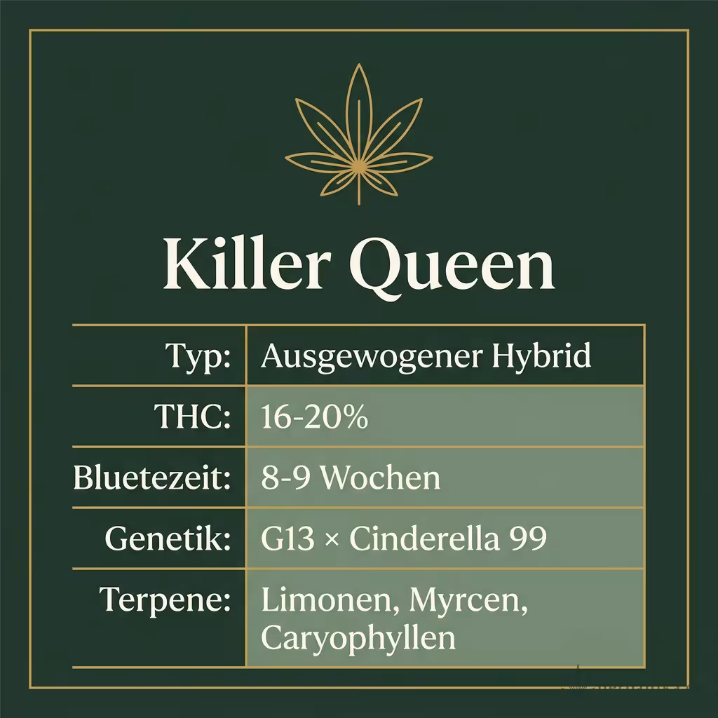 Infografik mit Killer Queen Key Facts: Typ Ausgewogener Hybrid, THC 16-20%, Bluetezeit 8-9 Wochen, Genetik G13 × Cinderella 99 und Terpene Limonen, Myrcen, Caryophyllen