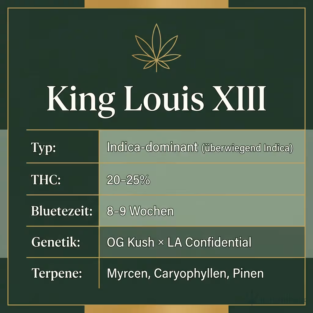 Infografik mit King Louis XIII Key Facts: Typ Indica-dominant (überwiegend Indica), THC 20-25%, Bluetezeit 8-9 Wochen, Genetik OG Kush × LA Confidential und Terpene Myrcen, Caryophyllen, Pinen