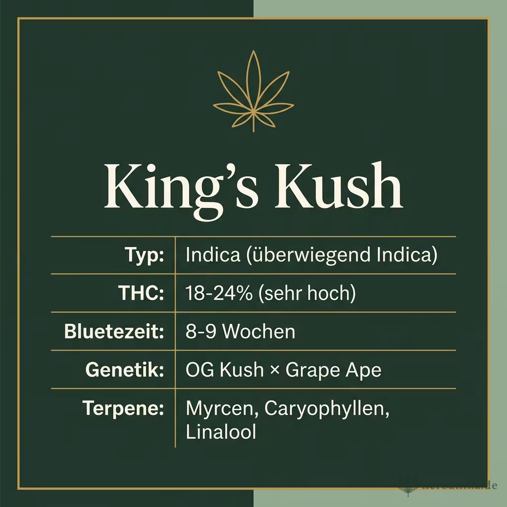 Infografik mit King's Kush Key Facts: Typ Indica (überwiegend Indica), THC 18-24% (sehr hoch), Bluetezeit 8-9 Wochen, Genetik OG Kush × Grape Ape und Terpene Myrcen, Caryophyllen, Linalool