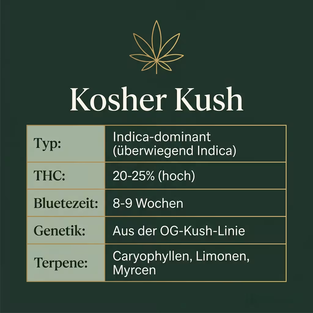 Infografik mit Kosher-Kush Key Facts: Typ Indica-dominant, THC 20-25%, Bluetezeit 8-9 Wochen, Genetik OG-Kush-Linie und Terpene Caryophyllen, Limonen, Myrcen