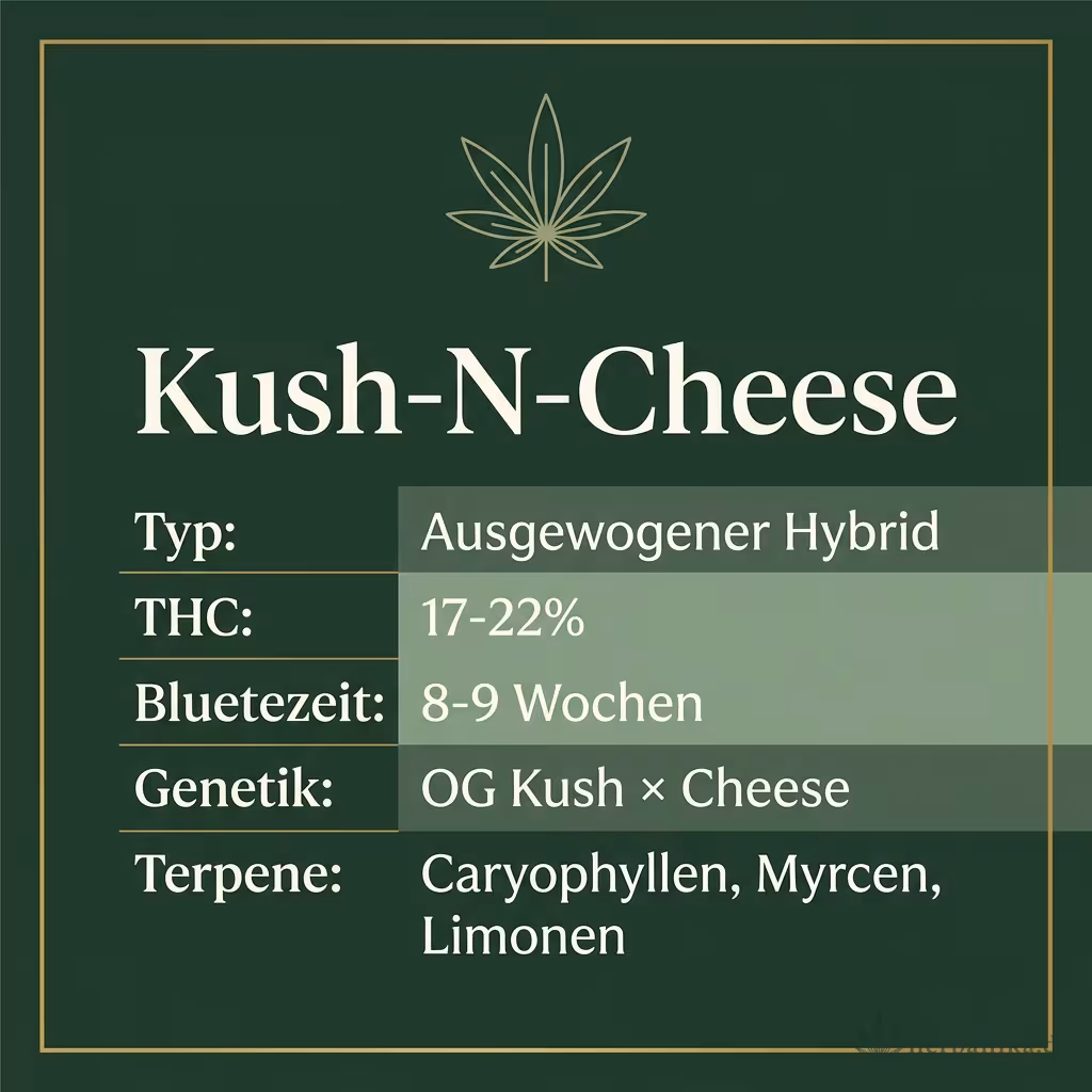 Infografik mit Kush-N-Cheese Key Facts: Typ Ausgewogener Hybrid, THC 17-22%, Bluetezeit 8-9 Wochen, Genetik OG Kush × Cheese und Terpene Caryophyllen, Myrcen, Limonen