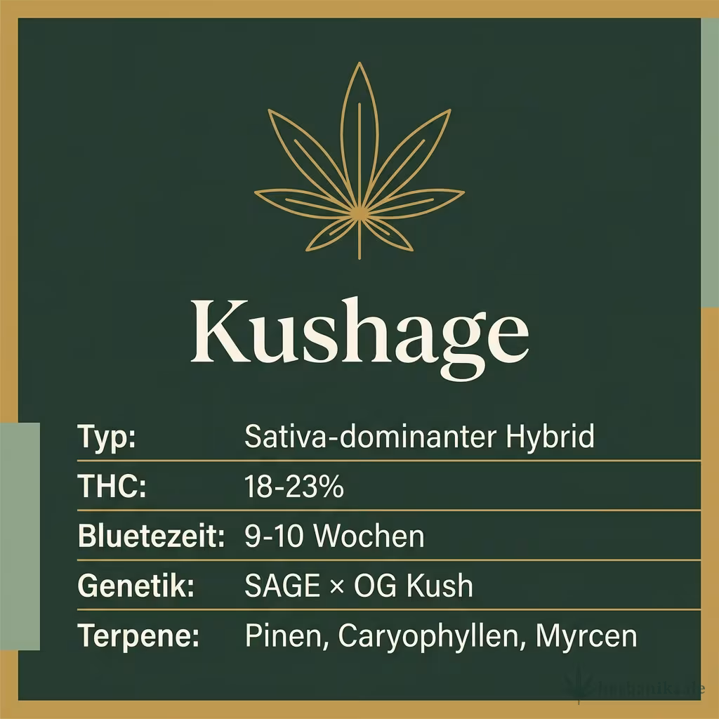 Infografik mit Kushage Key Facts: Typ Sativa-dominanter Hybrid, THC 18-23%, Bluetezeit 9-10 Wochen, Genetik SAGE × OG Kush und Terpene Pinen, Caryophyllen, Myrcen