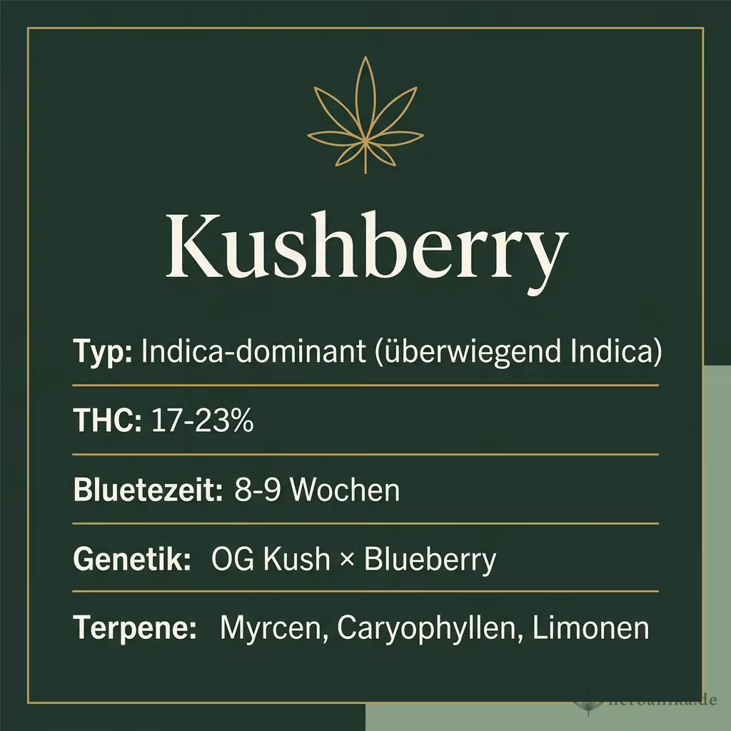 Infografik mit Kushberry Key Facts: Typ Indica-dominant (überwiegend Indica), THC 17-23%, Bluetezeit 8-9 Wochen, Genetik OG Kush × Blueberry und Terpene Myrcen, Caryophyllen, Limonen