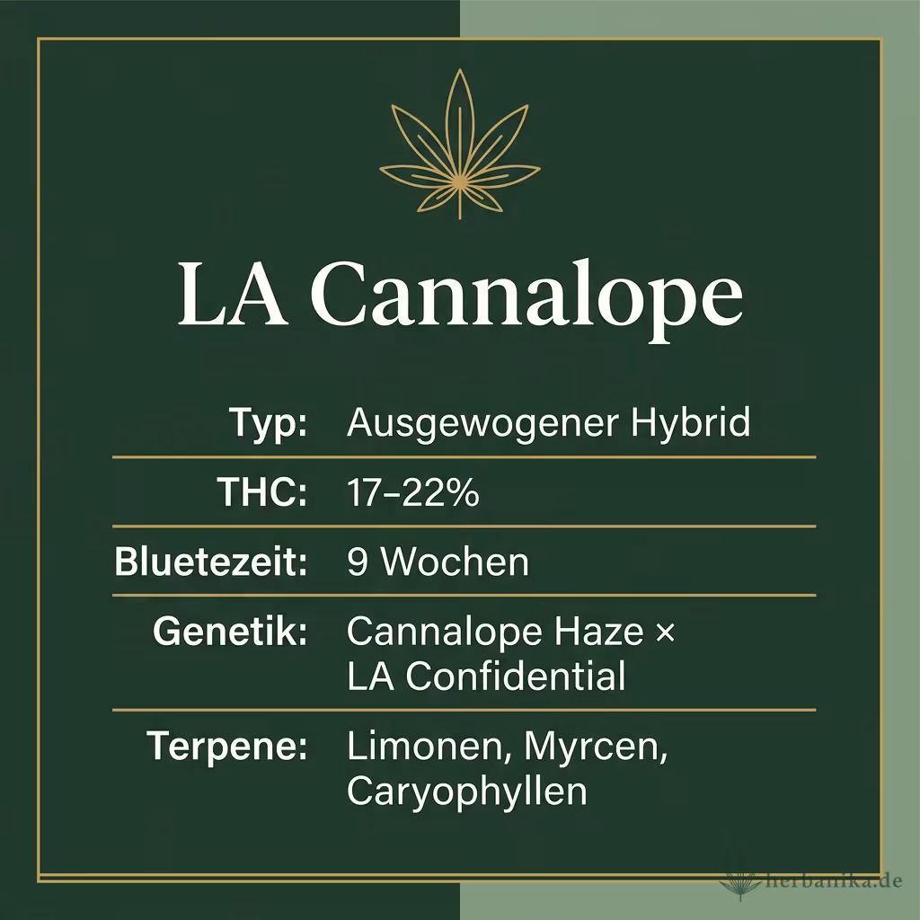 Infografik mit LA Cannalope Key Facts: Typ Ausgewogener Hybrid, THC 17-22%, Bluetezeit 9 Wochen, Genetik Cannalope Haze × LA Confidential und Terpene Limonen, Myrcen, Caryophyllen