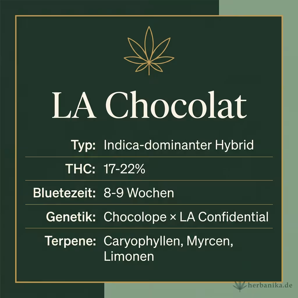 Infografik mit LA Chocolat Key Facts: Typ Indica-dominanter Hybrid, THC 17-22%, Bluetezeit 8-9 Wochen, Genetik Chocolope × LA Confidential und Terpene Caryophyllen, Myrcen, Limonen