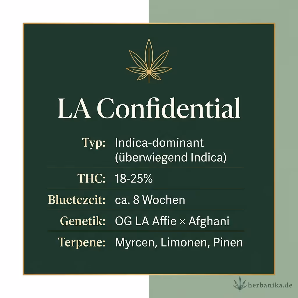Infografik mit LA-Confidential Key Facts: Typ Indica-dominant, THC 18-25%, Bluetezeit 8 Wochen, Genetik OG LA Affie x Afghani und Terpene Myrcen, Limonen, Pinen
