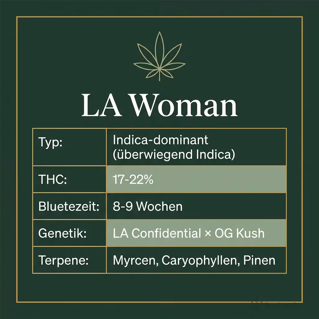 Infografik mit LA Woman Key Facts: Typ Indica-dominant (überwiegend Indica), THC 17-22%, Bluetezeit 8-9 Wochen, Genetik LA Confidential × OG Kush und Terpene Myrcen, Caryophyllen, Pinen